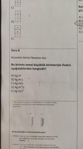 G
D)
E)
X
y
2
Soru 8
Kuvvetin birimi Newton dur.
Bu birimin temel büyüklük birimleriyle ifadesi
aşağıdakilerden hangisidir?
A) kg.m
B) kg.m.s
C) kg.m/s
D) kg.m²/s
E) kg.m/s²
>
Deney yapan bir öğrenci eşit miktardaki K ve ! sivilarimi özdeş
cam tüplere koyd