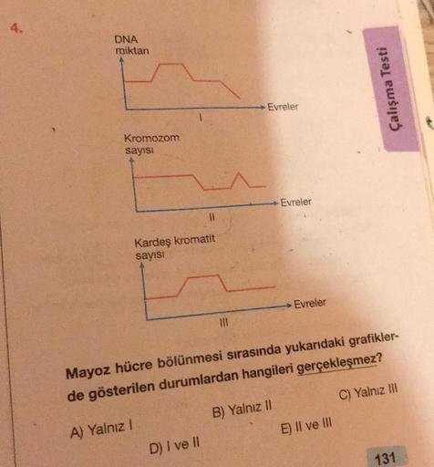 DNA
miktan
Kromozom
sayısı
1
11
Kardeş kromatit
sayısı
D) I ve II
111
Evreler
Evreler
Evreler
Mayoz hücre bölünmesi sırasında yukarıdaki grafikler-
de gösterilen durumlardan hangileri gerçekleşmez?
A) Yalnız I
B) Yalnız II
C) Yalnız III
Çalışma Testi
E) II