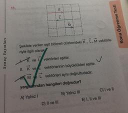 Sonuç Yayınları
11.
Şekilde verilen eşit bölmeli düzlemdeki K, L, M vektörle-
riyle ilgili olarak
R
vektörleri eşittir.
✓
II. K ve vektörlerinin büyüklükleri eşittir.
HM ve L vektörleri aynı doğrultudadır.
yarglarından hangileri doğrudur?
B) Yalnız III
ve
M
A) Yalnız I
D) II ve III
Konu Öğrenme Testi
C) I ve II
E) I, II ve III