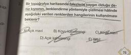 a açık
yük-
3.
Bir topoğrafya haritasında falezlerin yaygın olduğu de-
niz kıyısının, renklendirme yöntemiyle çizilmesi hâlinde
aşağıdaki verilen renklerden hangilerinin kullanılması
beklenir?
A) Açık mavi
B) Koyu kahverengi- C) Koyu mavi
E) Yeşil
D) Açık kahverengi
75