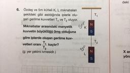 6. Özdeş ve 5m kütleli K, L mıknatısları
şekildeki gibi asıldığında iplerle olu-
şan gerilme kuvvetleri T₁ ve T₂ oluyor.
Mıknatıslar arasındaki manyetik
kuvvetin büyüklüğü 3mg olduğuna
texgöre iplerde oluşan gerilme kuv-
vetleri oranı
T₁
T₂
(g: yer çekimi ivmesidir.)
1 kaçtır?
Sm
K
5m
L
N
Z S
T₁
N
S
T₂
2
1920
deki
X ar
yönl