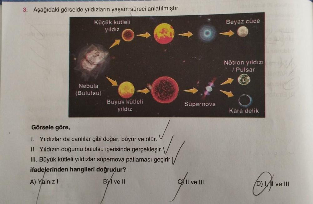 3. Aşağıdaki görselde yıldızların yaşam süreci anlatılmıştır.
Küçük kütleli
yıldız
Nebula
(Bulutsu)
Büyük kütleli
yıldız
Görsele göre,
I. Yıldızlar da canlılar gibi doğar, büyür ve ölür.
II. Yıldızın doğumu bulutsu içerisinde gerçekleşir.\
III. Büyük kütle