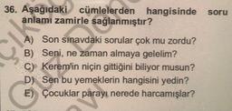 36. Aşağıdaki cümlelerden hangisinde soru
anlamı zamirle sağlanmıştır?
A) Son sınavdaki sorular çok mu zordu?
B) Seni, ne zaman almaya gelelim?
C) Kerem'in niçin gittiğini biliyor musun?
D) Sen bu yemeklerin hangisini yedin?
E) Çocuklar parayı nerede harcamışlar?
para