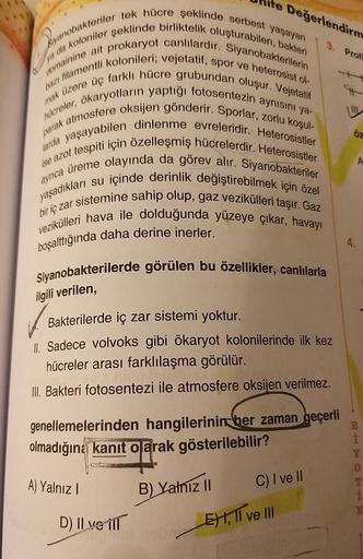 Blyanobakteriler tek hücre şeklinde serbest yaşayan
ya da koloniler şeklinde birliktelik oluşturabilen, bakteri
domainine ait prokaryot canlılardır. Siyanobakterilerin
bazı filamentli kolonileri; vejetatif, spor ve heterosist ol-
parak atmosfere oksijen gö