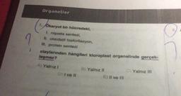 Organeller
1.Okaryot bir hücredeki,
Jokary
I. nişasta sentezi,
II. oksidatif fosforilasyon,
III. protein sentezi
olaylarından hangileri kloroplast organelinde gerçek-
lesmez?
A) Yalnız I
Di I ve II
B) Yalnız II
E) II ve III
C)Yalnız III