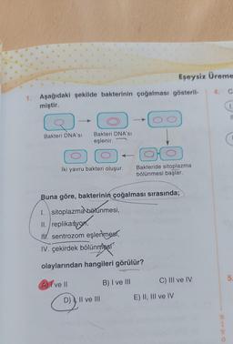 1. Aşağıdaki şekilde bakterinin çoğalması gösteril-
miştir.
Bakteri DNA'SI
Bakteri DNA'SI
eşlenir.
İki yavru bakteri oluşur.
A) I ve II
Eşeysiz Üreme
Buna göre, bakterinin çoğalması sırasında;
1. sitoplazma bölünmesi,
II. replikasyon,
I sentrozom eşlenmesi,
IV. çekirdek bölünmesi
olaylarından hangileri görülür?
B) I ve III
D), II ve III
DO
Bakteride sitoplazma
bölünmesi başlar.
C) III ve IV
E) II, III ve IV
4. C
(1.
5.