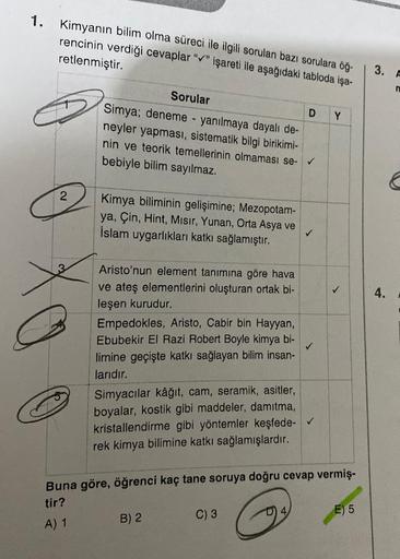 1. Kimyanın bilim olma süreci ile ilgili sorulan bazı sorulara öğ-
rencinin verdiği cevaplar "✔" işareti ile aşağıdaki tabloda işa-
retlenmiştir.
2
Sorular
Simya; deneme yanılmaya dayalı de-
neyler yapması, sistematik bilgi birikimi-
nin ve teorik temeller