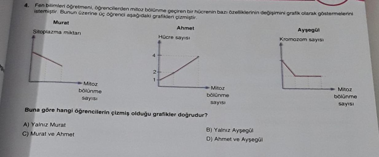 4. Fen bilimleri öğretmeni, öğrencilerden mitoz bölünme geçiren bir hücrenin bazı özelliklerinin değişimini grafik olarak göstermelerini
istemiştir. Bunun üzerine üç öğrenci aşağıdaki grafiklen çizmiştir.
Ahmet
Murat
Sitoplazma miktarı
4
A) Yalnız Murat
C)