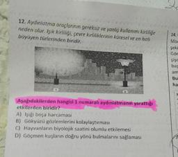 12. Aydınlatma araçlarının gereksiz ve yanlış kullanımı kirliliğe
neden olur. Işık kirliliği, çevre kirliliklerinin küresel ve en hızlı
büyüyen türlerinden biridir.
2
Aşağıdakilerden hangisi 1 numaralı aydınlatmanın yarattığı
etkilerden biridir?
A) Işığı boşa harcamasi
B) Gökyüzü gözlemlerini kolaylaştırması
C) Hayvanların biyolojik saatini olumlu etkilemesi
D) Göçmen kuşların doğru yönü bulmalarını sağlaması
14.
Moc
şeki
Gör
şişe
bas
am
Bu
ha