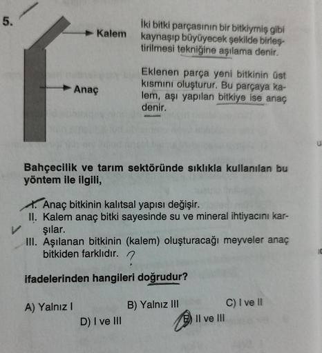 5.
Kalem
Anaç
A) Yalnız I
İki bitki parçasının bir bitkiymiş gibi
kaynaşıp büyüyecek şekilde birleş-
tirilmesi tekniğine aşılama denir.
Bahçecilik ve tarım sektöründe sıklıkla kullanılan bu
yöntem ile ilgili,
Eklenen parça yeni bitkinin üst
kısmını oluştur