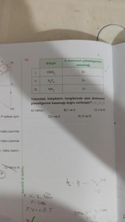 6
M
P halkası aynı
halka üzerinde
halka üzerinde
n, halka üzerin-
111
Yalnız III
karekök & dakika-
15.
1.
11.
III.
Bileşik
HNO
N₂F4
NH₂
D) I ve II
N atomunun yükseltgenme
P.16. 2.300
.P. 300
P.V=n.R.T
16./
basamağı
5+
2+
Yukarıdaki bileşiklerin hangilerinde azot atomunun
yükseltgenme basamağı doğru verilmiştir? (H. O. F
A) Yalnız I
B) I ve II
C) I ve III
3+
E) II ve III
2.4 - 4.14
10
300 v= 340
V= 3
U