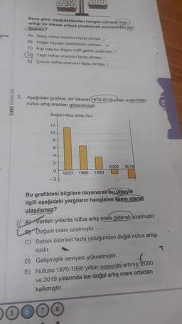 şme
SINAV YAYINLARI
Buna göre, aşağıdakilerden hangisi nüfusun hizh)
arttığı bir ülkede ortaya çıkabilecek sonuçlardan biri
değildir?
A) Genç nüfus oranının fazla olması
B)
Doğal kaynak tüketiminin artması
C)
Kişi başına düşen milli gelirin azalması
(D) Yaşlı nüfus oranının fazla olması
E) Çocuk nüfus oranının fazla olması
5. Aşağıdaki grafikte, bir ülkenin 1970-2019 yilları arasındaki
nüfus artış oranları gösterilmiştir.
Doğal nüfus artışı (%)
V
12
10
8
6
4
2
0
-2
Bu grafikteki bilgilere dayanarak bu ülkeyle
ilgili aşağıdaki yargıların hangisine kesin olarak
ulaşılamaz?
LA Verilen yıllarda nüfus artış oranı giderek azalmıştır.
Doğum oranı azalmıştır.
7
1970 1980 1990
C) Bebek ölümleri fazla olduğundan doğal nüfus artışı
azdır.
2000 2019
D) Gelişmişlik seviyesi yükselmiştir.
E) Nüfusu 1970-1990 yılları arasında artmış, 2000
ve 2019 yıllarında ise doğal artış oranı ortadan
kalkmıştır.
8