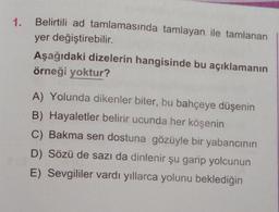 1.
Belirtili ad tamlamasında tamlayan ile tamlanan
yer değiştirebilir.
Aşağıdaki dizelerin hangisinde bu açıklamanın
örneği yoktur?
A) Yolunda dikenler biter, bu bahçeye düşenin
B) Hayaletler belirir ucunda her köşenin
C) Bakma sen dostuna gözüyle bir yabancının
D) Sözü de sazı da dinlenir şu garip yolcunun
E) Sevgililer vardı yıllarca yolunu beklediğin