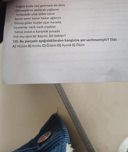 Dağda kırda rast getirsem bir dere
Gözyaşlarım akıtarak çağlarım
Yollardaki ufak tefek izlere
Senin sanır bakar bakar ağlarım
Güneş güler kuşlar uçar havada
Uyanırlar nazlı nazlı çiçekler
Yalnız mısın o karanlık yuvada
Yok mu seni bir kayırır, bir bekler?
10). Bu parçada aşağıdakilerden hangisine yer verilmemiştir? (5p)
A) Hüzün B) Korku C) Özlem D) Ayrılık E) Ölüm
029M
av abi