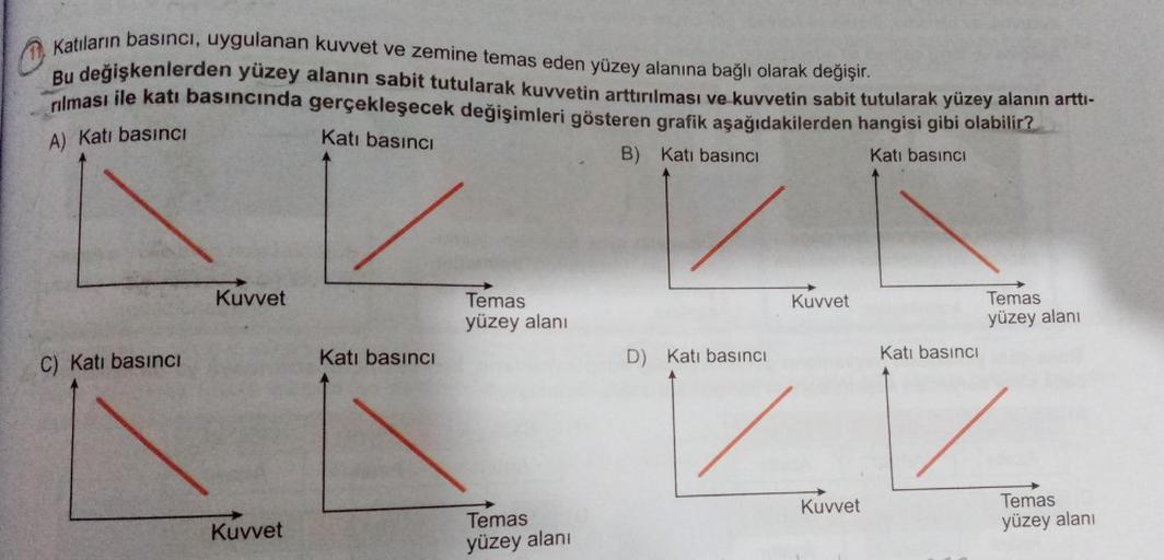 Katıların basıncı, uygulanan kuvvet ve zemine temas eden yüzey alanına bağlı olarak değişir.
Bu değişkenlerden yüzey alanın sabit tutularak kuvvetin arttırılması ve kuvvetin sabit tutularak yüzey alanın arttı-
rılması ile katı basıncında gerçekleşecek deği