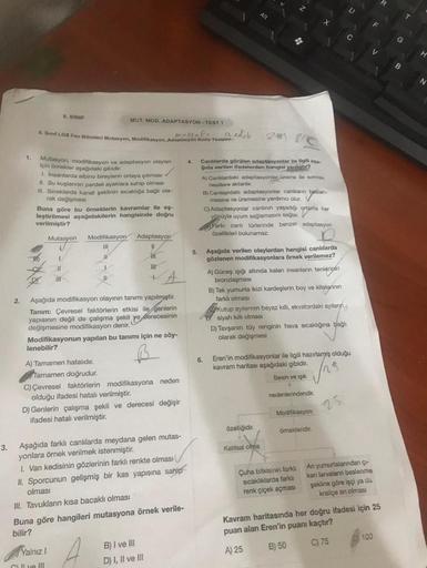 3.
2.
1.
MUT. MOD. ADAPTASYON-TEST 1
8. Sinif LGS Fen Bilimleri Mutasyon, Modifikasyon, Adaptasyon Konu Test
mustafa
8. SINIF
Mutasyon, modifikasyon ve adaptasyon olaylan 4. Canlılarda görülen adaptasyonlar ile ilgili aşa
için örnekler aşağıdaki gibidir.
g