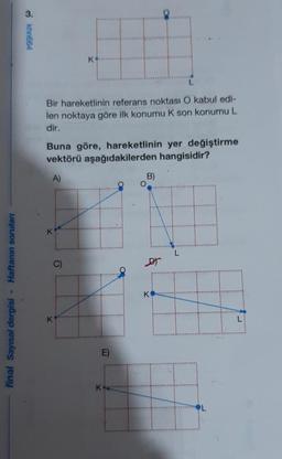 final Sayısal dergisi - Haftanın soruları
khn664
K
Bir hareketlinin referans noktası O kabul edi-
len noktaya göre ilk konumu K son konumu L
dir.
Buna göre, hareketlinin yer değiştirme
vektörü aşağıdakilerden hangisidir?
A)
K
K
E)
B)
Dr
L
L