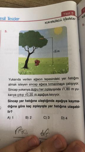 esil Testler
3.
Test 9
Kareköklü ifadeler
Yukarıda verilen ağacın tepesindeki yer fıstığını
almak isteyen sincap ağaca tırmanmaya çalışıyor.
Sincap yukarıya doğru her zıplayışında √1,80 m yu-
karıya çıkıp 10,20 m aşağıya kayıyor.
B) 2
Sincap yer fıstığına 