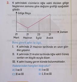 2. K şehrindeki cisimlerin öğle vakti ölçülen gölge
boylarının zamana göre değişim grafiği aşağıdaki
gibidir.
Gölge Boyu
ouined
21
Mart
23
21
Haziran Eylül
poulouse.
Buna göre K şehri ile ilgili,
exhulo mb
piensasz S
21
Aralık
→ Zaman
mollux
nolinallud
I. K şehrinde 21 Haziran tarihinde en uzun gün-
düz yaşanır.
II. K şehrinde 21 Aralık tarihinde öğle vakti Güneş
ışınları en büyük açıyla düşer.
III. K şehri kuzey yarım kürede bulunmaktadır.
ifadelerinden hangileri doğrudur?
A) I ve II
B) I ve III
C) II ve III
D) I, II ve III