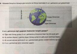 9. Görselde Dünya'nın Güneş'e göre konumu ve Dünya üzerindeki K ve L şehirlerinin yeri gösterilmiştir.
Güneş ışınları
K
L
******
Yengeç Dönencesi
Ekvator
Oğlak Dönencesi
K ve L şehirleriyle ilgili aşağıdaki ifadelerden hangisi yanlıştır?
A) Öğle vakti Güneş ışınları K ve L şehirlerine yıl boyunca ikişer kez dik açıyla gelir.
B) Bu tarihten itibaren L şehrine düşen Güneş ışınlarının geliş açısı azalmaya başlar.
C) Bir sonraki ekinoks tarihinde K ve L şehirlerindeki gündüz süreleri birbirine eşit olur.
D) K ve L şehirlerinde farklı mevsimler yaşanır.