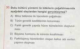 30. Doku kültürü yöntemi ile bitkilerin çoğaltılmasında
aşağıdaki olaylardan hangisi gerçekleşmez?
A) Mitoz bölünme ile hücrelerin çoğalması
B) Türün genetik özelliklerinin korunması
C) Farklı genetik yapıda hücre kümelerinin oluşturul-
ması
D) Büyüme hormonu ile sürenin kısaltılması
E) Farklılaşmış hücrelerden oluşan kallus adı verilen
yapının oluşması