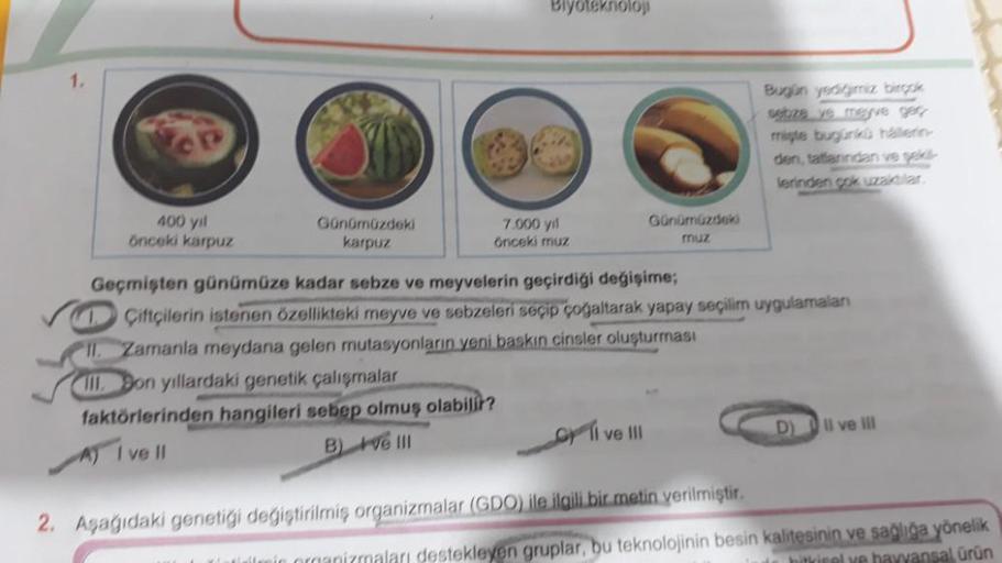 1.
400 yıl
önceki karpuz
Günümüzdeki
karpuz
Biyoteknoloji
7,000 yil
önceki muz
Günümüzdeki
muz
Bugün yediğimiz birçok
sebze ve meyve geg
mişte bugünkü hällerin-
den, tatlanndan ve şek
lerinden çok uzaktılar.
Geçmişten günümüze kadar sebze ve meyvelerin geç