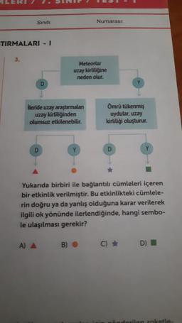 TIRMALARI - I
3.
Sinifi:
D
D
İleride uzay araştırmalan
uzay kirliliğinden
olumsuz etkilenebilir.
A) A
Meteorlar
uzay kirliliğine
neden olur.
B)
Numarası:
Y
Ömrü tükenmiş
uydular, uzay
kirliliği oluşturur.
D
Y
Yukarıda birbiri ile bağlantılı cümleleri içeren
bir etkinlik verilmiştir. Bu etkinlikteki cümlele-
rin doğru ya da yanlış olduğuna karar verilerek
ilgili ok yönünde ilerlendiğinde, hangi sembo-
le ulaşılması gerekir?
C) ★
Y
D)
roketle-