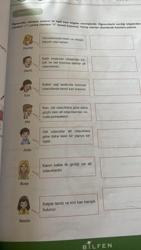 ETKİNLIK 1
Öğrenciler, dolaşım sistemi ile ilgili bazı bilgiler vermişlerdir. Öğrencilerin verdiği bilgilerden
olanlara "/", yanlış olanlara "X" işareti koyunuz. Yanlış olanları düzelterek kutulara yazınız.
Zeynep
Deniz
Ece
Ata
Arda
Buse
Nesrin
Vücudumuzda