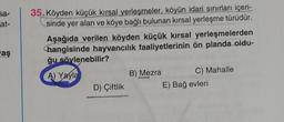 sa-
at-
aş
35. Köyden küçük kırsal yerleşmeler, köyün idari sınırları içeri-
sinde yer alan ve köye bağlı bulunan kırsal yerleşme türüdür.
Aşağıda verilen köyden küçük kırsal yerleşmelerden
hangisinde hayvancılık faaliyetlerinin ön planda oldu-
ğu söylenebilir?
A) Yayla
D) Çiftlik
B) Mezra
C) Mahalle
E) Bağ evleri