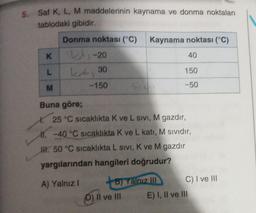 5. Saf K, L, M maddelerinin kaynama ve donma noktaları
tablodaki gibidir.
Donma noktası (°C) Kaynama noktası (°C)
-20
L 30
-150
K
L
M
Buna göre;
1.25 °C sıcaklıkta K ve L sivi, M gazdır,
11. -40 °C sıcaklıkta K ve L katı, M sıvıdır,
III. 50 °C sıcaklıkta L sivi, K ve M gazdır
yargılarından hangileri doğrudur?
A) Yalnız I
SCU
+B) Yalnız III
D) II ve III
40
150
-50
C) I ve III
E) I, II ve III