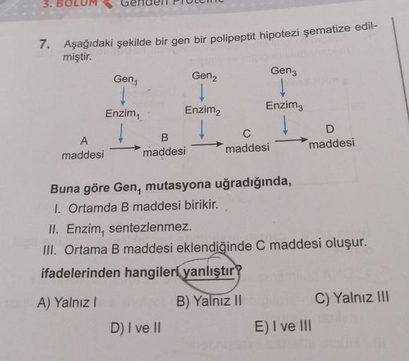 3.
7. Aşağıdaki şekilde bir gen bir polipeptit hipotezi şematize edil-
miştir.
A
maddesi
Gen₁
Enzim
B
maddesi
Gen2
↓
Enzim2
D) I ve II
Gen3
Enzim3
C
maddesi
Buna göre Gen, mutasyona uğradığında,
I. Ortamda B maddesi birikir.
D
maddesi
II. Enzim, sentezlenm