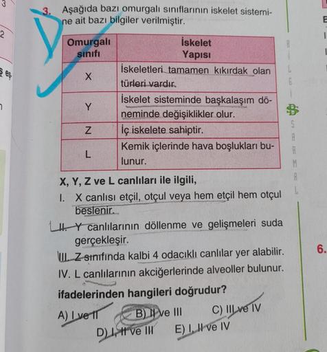 2
7
eş
3. Aşağıda bazı omurgalı sınıflarının iskelet sistemi-
ne ait bazı bilgiler verilmiştir.
Omurgalı
sınıfı
X
Y
Z
L
İskelet
Yapısı
İskeletleri tamamen kıkırdak olan
türleri vardır.
İskelet sisteminde başkalaşım dö-
kom bigar a la pa
A) Ive T
neminde de