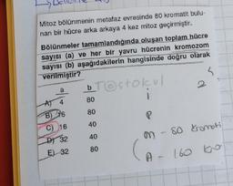Mitoz bölünmenin metafaz evresinde 80 kromatit bulu-
nan bir hücre arka arkaya 4 kez mitoz geçirmiştir.
Bölünmeler tamamlandığında oluşan toplam hücre
sayısı (a) ve her bir yavru hücrenin kromozom
sayısı (b) aşağıdakilerin hangisinde doğru olarak
verilmiştir?
a
AT
B) 16
C) 16
D) 32
E) 32
bTestokul
i
P
m - 80 kromoti
80
80
40
40
80
(
V
A - 160