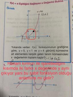 f(x):
= a Eşitliğini Sağlayan x Değerini Bulma
Örnek
((-1,0)
-5
AY
4
Yukarıda V
O 1
y = f(x)
2
Yukarıda verilen f(x) fonksiyonunun grafiğine
göre, y = 0, y = 1 ve y = 4 görüntü kümesine
ait elemanlara karşılık gelen tanım kümesindeki
x değerlerinin toplamı kaçtır?(-1)+1+2
(214)
1.
Heeam kirmizi ile işaretledigim
kısımda iki farklı x değerinde y aynı
çıkıyor yani bu sabit fonksiyon olduğu
anlamına mı delir?
l
X
4
5
X
F
S