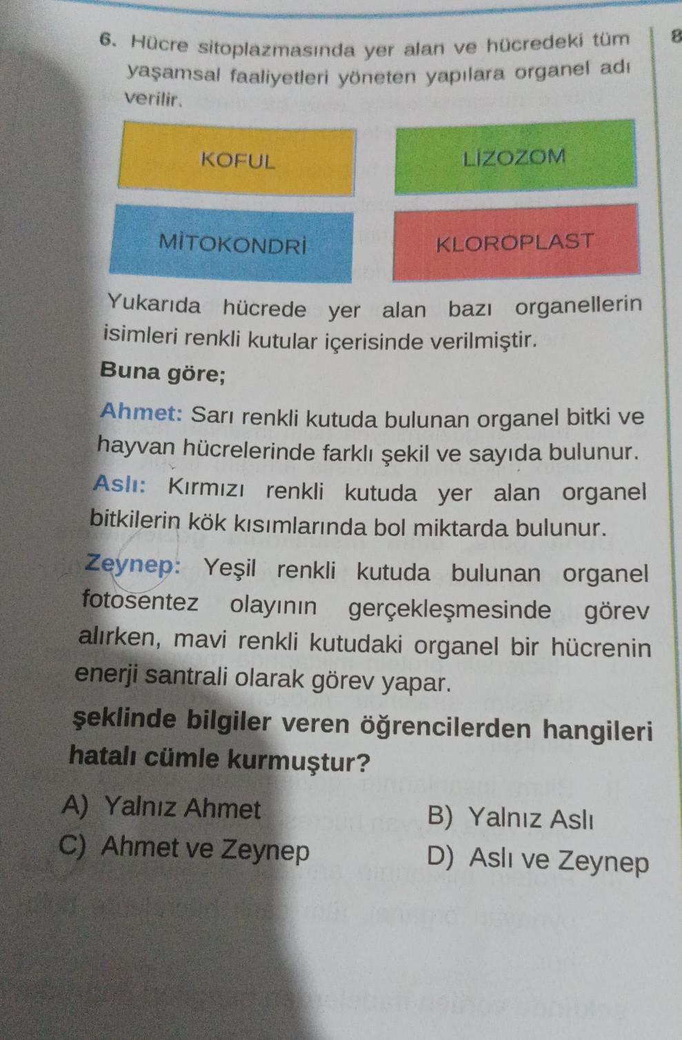 6. Hücre sitoplazmasında yer alan ve hücredeki tüm
yaşamsal faaliyetleri yöneten yapılara organel adi
verilir.
KOFUL
MITOKONDRİ
LIZOZOM
KLOROPLAST
Yukarıda hücrede yer alan bazı organellerin
isimleri renkli kutular içerisinde verilmiştir.
Buna göre;
Ahmet: