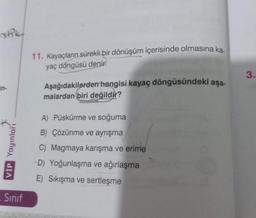 stik
VİP Yayınları
Sınıf
11. Kayaçların sürekli bir dönüşüm içerisinde olmasına ka-
yaç döngüsü denir.
Aşağıdakilerden hangisi kayaç döngüsündeki aşa-
malardan biri değildir?
A) Püskürme ve soğuma
B) Çözünme ve ayrışma
C) Magmaya karışma ve erime
D) Yoğunlaşma ve ağırlaşma
E) Sıkışma ve sertleşme
3.