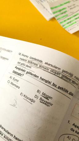 anuslara ulaştira-
hangisinin
12. Akarsu üzerlerinde, akarsuların getirdiği malze
melerin birikmesi sonucu oluşan gollere alüvya
set gölü denir.
Aşağıdaki göllerden hangisi bu şekilde oluş
mamıştır?
A) Eymir
C) Marmara
B) Mogan
E) Köyceğiz
D) Beyşehir
karsuların hang
ke sınır
1. Aşa
da ka
A) GU