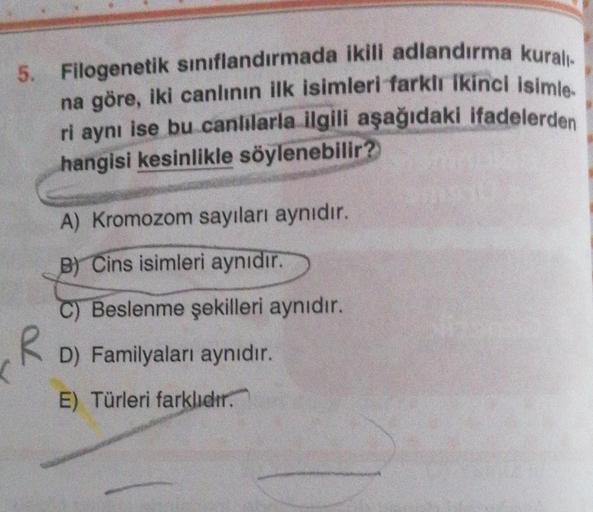5.
R
Filogenetik sınıflandırmada ikili adlandırma kuralı-
na göre, iki canlının ilk isimleri farklı ikinci isimle-
ri aynı
ise bu canlılarla ilgili aşağıdaki ifadelerden
hangisi kesinlikle söylenebilir?
A) Kromozom sayıları aynıdır.
B) Cins isimleri aynıdı
