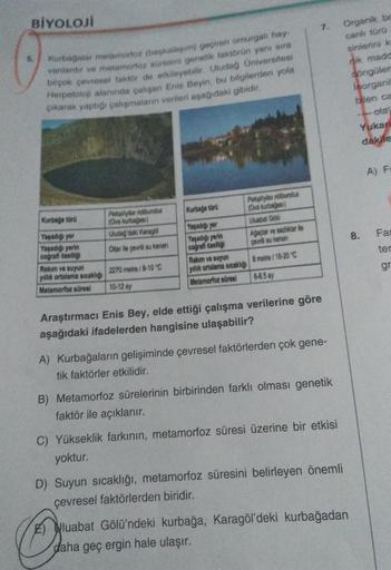 BİYOLOJİ
Kurbağalar metamorfoz (başkalaşım) geçiren omurgalı hay-
vantardır ve metamorfoz süresini genetik faktörün yanı sıra
birçok çevresel faktör de etkileyebilir. Uludağ Universitesi
Herpetoloji alanında çalışan Enis Beyin, bu bilgilerden yola
çıkarak 