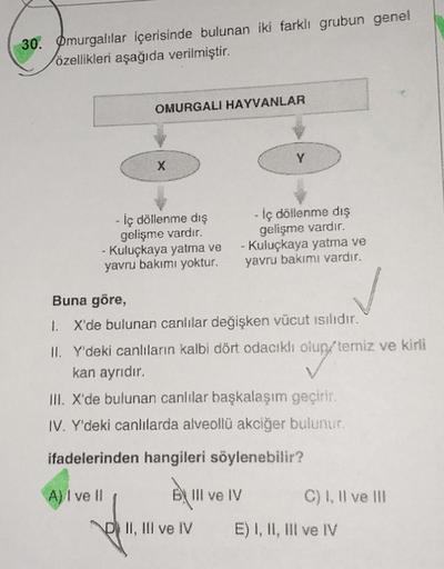 30. Omurgalılar içerisinde bulunan iki farklı grubun genel
özellikleri aşağıda verilmiştir.
OMURGALI HAYVANLAR
X
- İç döllenme dış
gelişme vardır.
- Kuluçkaya yatma ve
yavru bakımı yoktur.
Y
- İç döllenme dış
gelişme vardır.
- Kuluçkaya yatma ve
yavru bakı