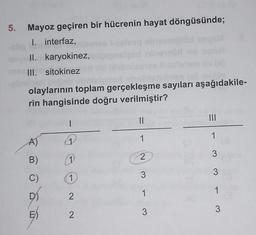 5.
Mayoz geçiren bir hücrenin hayat döngüsünde;
I. interfaz,
II. karyokinez,
III. sitokinez
olaylarının toplam gerçekleşme sayıları aşağıdakile-
rin hangisinde doğru verilmiştir?
A)
B)
C)
D)
E
1
1
1
2
2
1
2
3
1
3
1
3
3
3