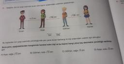 6.
MATEMATIK
Aşağıda, düz bir çizgi üzerinde duran dört kişinin aralarındaki uzaklıklar gösterilmiştir.
Ercan
4√3 dm
A) Ayşe, sağa √12 dm
Ayşe
√192 dm
Sol
Sağ
B) Gökhan, sola √12 dm
Gökhan
√108 dm
Bu kişilerden biri çizgi üzerinde yürüdüğünde yan yana duran herhangi iki kişi arasındaki uzaklık eşit olmuştur.
Buna göre, aşağıdakilerden hangisinde hareket eden kişi ve bu kişinin hangi yöne kaç desimetre yürüdüğü verilmiş-
tir?
Hande
C) Gökhan, sağa √3 dm
D) Ayşe, sola √3 dm
9.
Emin
nin