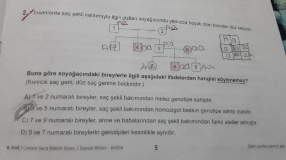 insanlarda saç şekli kalıtımıyla ilgili çizilen soyağacında yalnızca boyalı olan bireyler düz saçlıdır.
2.In
Aa
1
ABB
400 5
8. Sinif/Liselere Gecis Bolum Sinavi / Sayısal Bölüm-84304
AQ
aa
AB
8aa94a
Buna göre soyağacındaki bireylerle ilgili aşağıdaki ifade