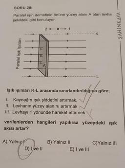 SORU 20:
Paralel işın demetinin önüne yüzey alanı A olan levha
şekildeki gibi konuluyor.
Paralel Işık Işınları
UU
A) Yalnız
D
"May
21011
AI
Işık ışınları K-L arasında sınırlandırıldığına göre;
I. Kaynağın ışık şiddetini artırmak,
II. Levhanın yüzey alanını artırmak
III. Levhayı 1 yönünde hareket ettirmek
D) I've II
verilenlerden hangileri yapılırsa yüzeydeki ışık
akısı artar?
- K
B) Yalnız II
-L
E) I ve III
ŞAHINKAYA
C)Yalnız III