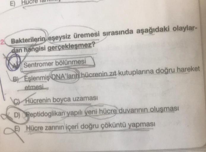 Hücre Tan
2 Bakterilerin eşeysiz üremesi sırasında aşağıdaki olaylar-
dan hangisi gerçekleşmez?
Sentromer bölünmesi
B) Eşlenmiş ONA'ların hücrenin zıt kutuplarına doğru hareket
etmesi
Hücrenin boyca uzaması
D)
Reptidoglikan yapılı yeni hücre duvarının oluş