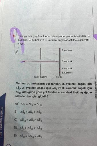 FIZIK- UNIVERSİTE HAZIRLIK
8. Tek yarıkta yapılan kırınım deneyinde perde üzerindeki 3.
aydınlık, 2. aydınlık ve 3. karanlık saçaklar şekildeki gibi veril-
miştir.
Yarık düzlemi
3. Aydınlık
A) AS₁ = AS₁₁ = ASI
B) AS, > ASASI
C) AS > AS, > ASI
D) AS, > ASAS