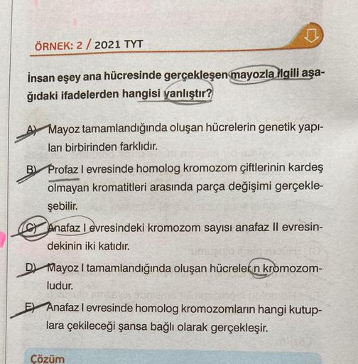 ÖRNEK: 2/2021 TYT
♫
İnsan eşey ana hücresinde gerçekleşen mayozla ilgili aşa-
ğıdaki ifadelerden hangisi yanlıştır?
A) Mayoz tamamlandığında oluşan hücrelerin genetik yapı-
ları birbirinden farklıdır.
B Profaz I evresinde homolog kromozom çiftlerinin karde