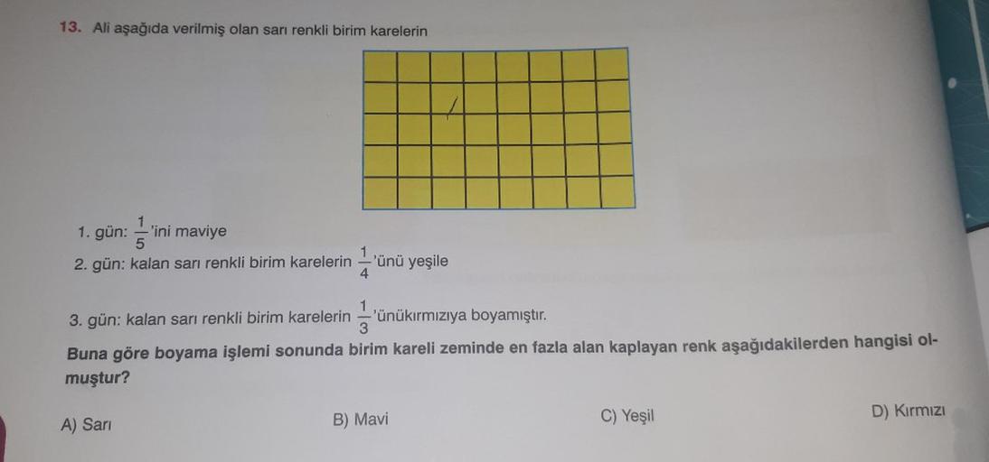 13. Ali aşağıda verilmiş olan sarı renkli birim karelerin
1. gün: -'ini maviye
5
2. gün: kalan sarı renkli birim karelerin 'ünü yeşile
3. gün: kalan sarı renkli birim karelerin 'ünükırmızıya boyamıştır.
3
Buna göre boyama işlemi sonunda birim kareli zemind