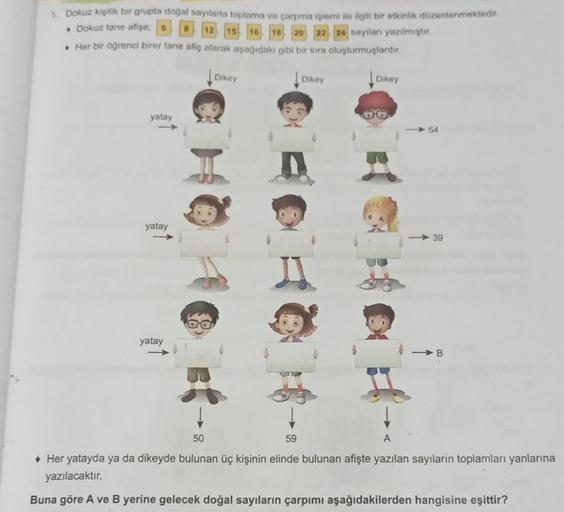 3. Dokuz kişilik bir grupta doğal sayılarla toplama ve çarpma işlemi ile ilgili bir etkinlik düzenlenmektedir
• Dokuz tane afişe, 6
12 15 16 18 20 22 24 sayıları yazılmıştır.
Her bir öğrenci birer tane afiş alarak aşağıdaki gibi bir sıra oluşturmuşlardır.