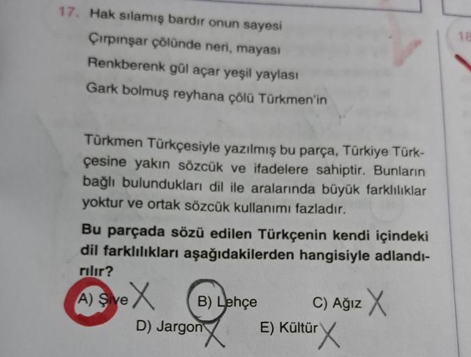 17. Hak silamış bardır onun sayesi
Çırpınşar çölünde neri, mayası
Renkberenk gül açar yeşil yaylası
Gark bolmuş reyhana çölü Türkmen'in
Türkmen Türkçesiyle yazılmış bu parça, Türkiye Türk-
çesine yakın sözcük ve ifadelere sahiptir. Bunların
bağlı bulundukl